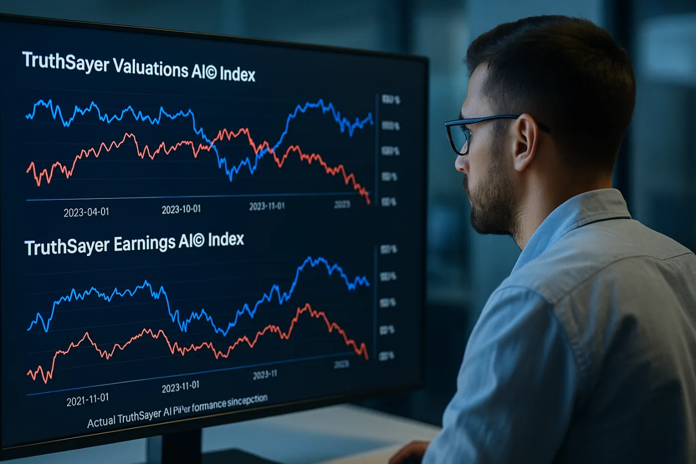 A man wearing glasses studies a large monitor displaying financial performance charts labeled "TruthSayer Valuations AI© Index" and "TruthSayer Earnings AI© Index." The graphs compare the performance of two data lines over time, highlighting AI-driven valuation and earnings trends from 2021 to 2024.