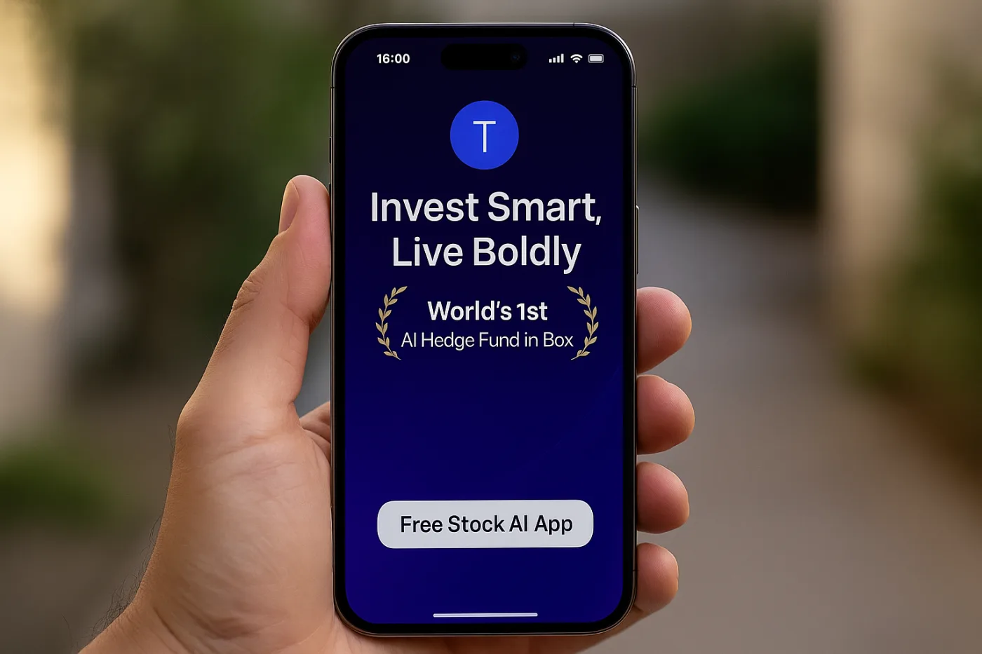A hand holding a smartphone displaying the TruthSayer AI app with the tagline “Invest Smart, Live Boldly” and the phrase “World’s 1st AI Hedge Fund in a Box,” along with a button labeled “Free Stock AI App,” set against a blurred outdoor background.